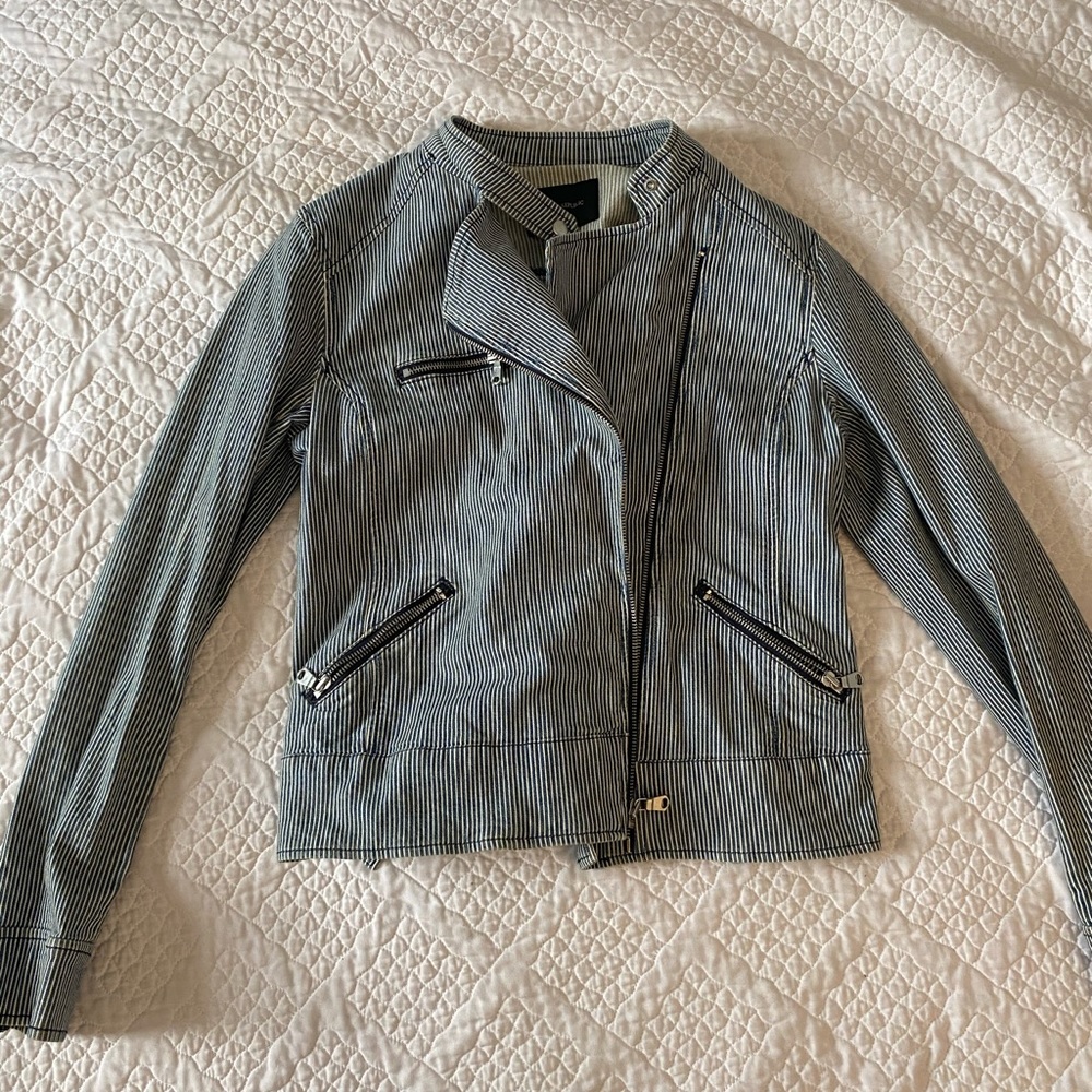 Banana Republic Blue and White Striped Moto Jacket